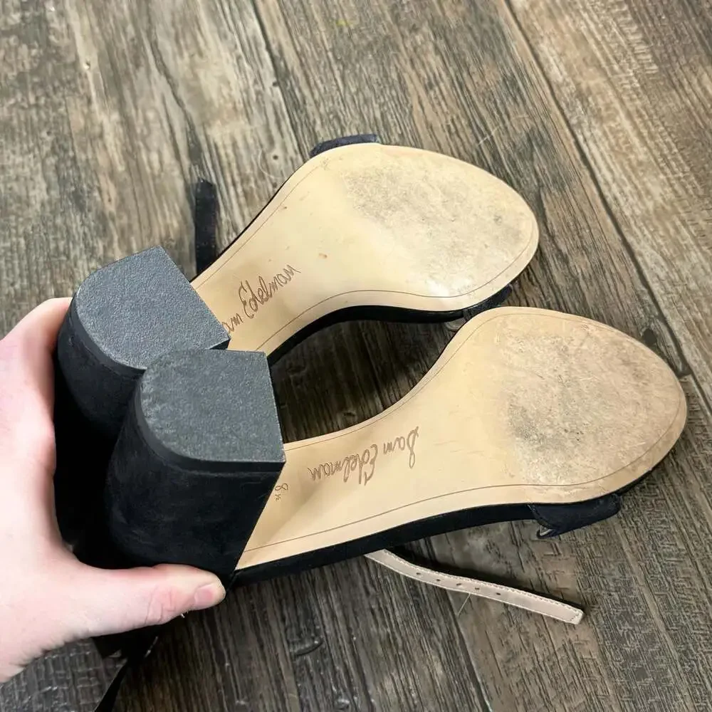 Sam Edelman Odilia Black Suede Scalloped Block Heel Sandals Size 8.5